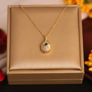 Art Deco Style Gold-Plated Shell Motif Emerald Necklace