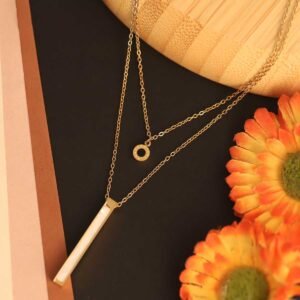 Elegant Gold-Tone Double Layered Necklace with Bar & Open Ring Pendant