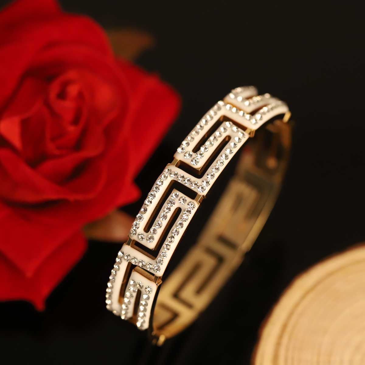 Greco-Glam" White Enamel & Zircon Gold-Plated Bangle - Image 2