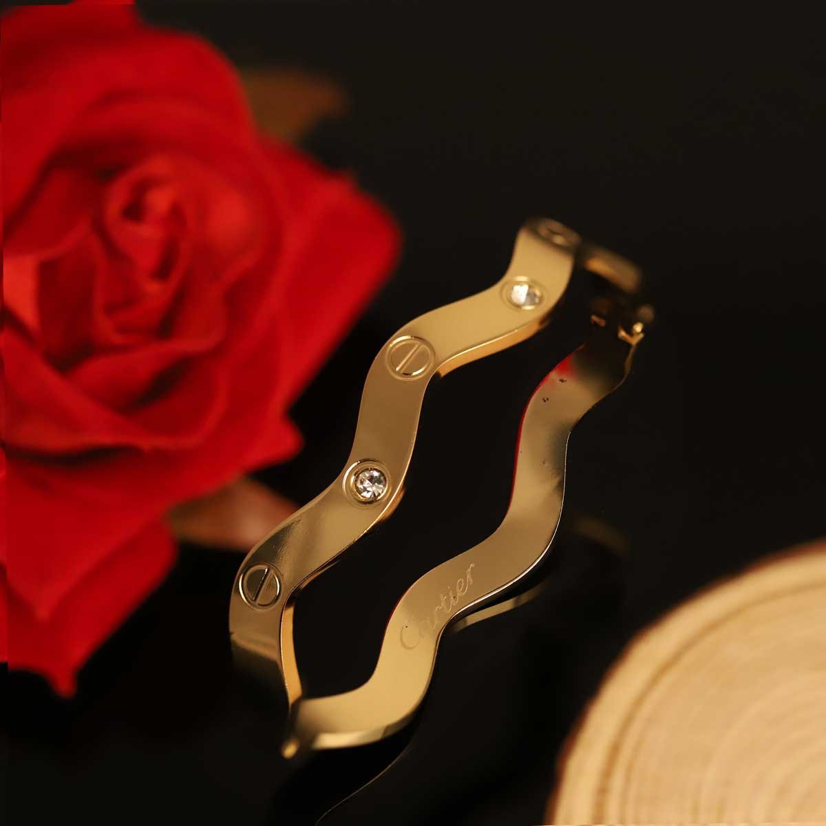 Wavy Elegance Zircon-Accented Gold-Plated Bangle