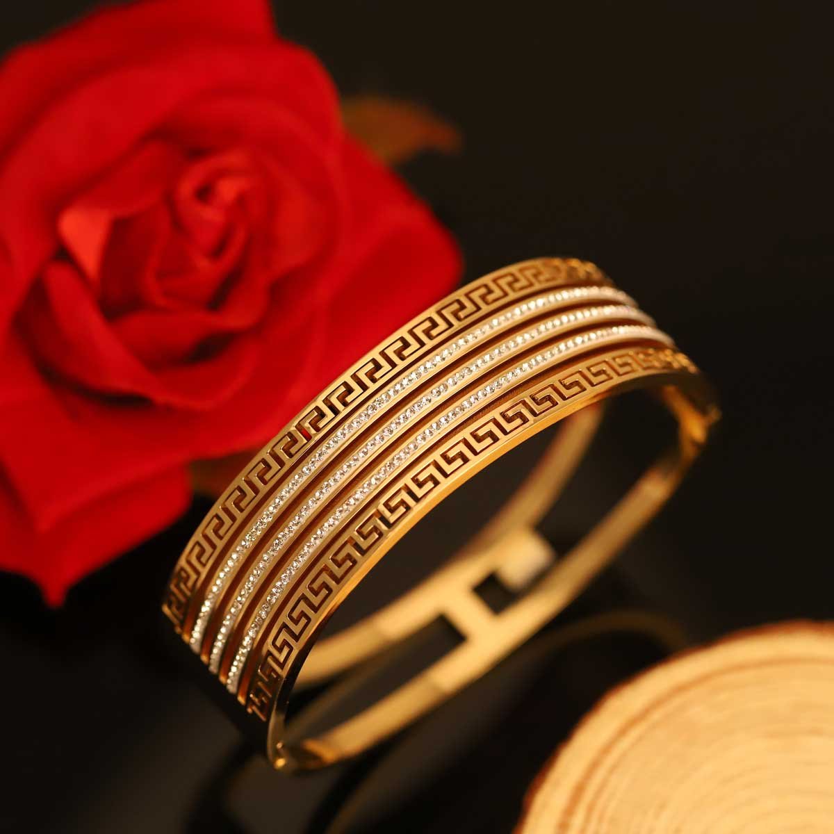 Meander & Shine Zircon Greek Key Gold-Plated Bangle