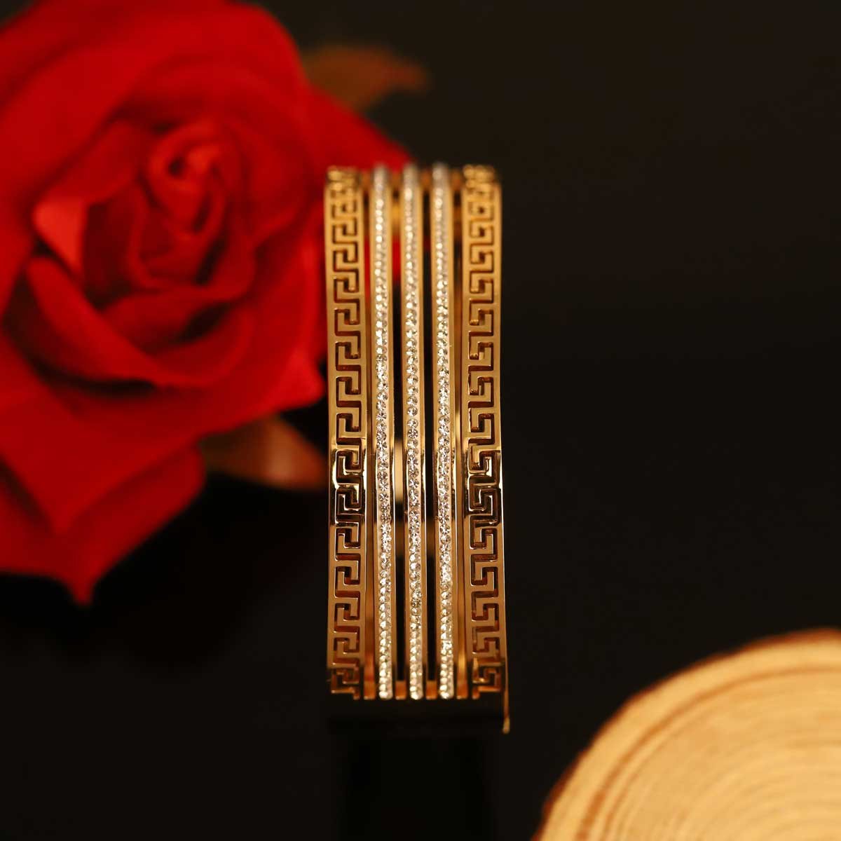 Meander & Shine Zircon Greek Key Gold-Plated Bangle - Image 2