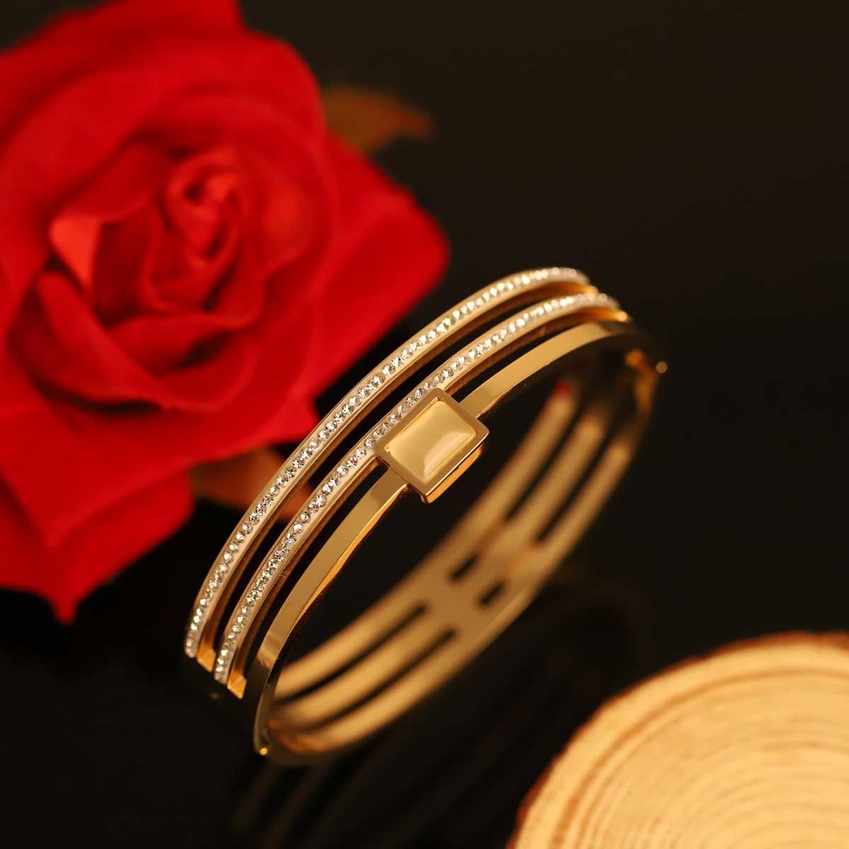 Modernist Gleam" Zircon-Accented Gold-Plated Bangle