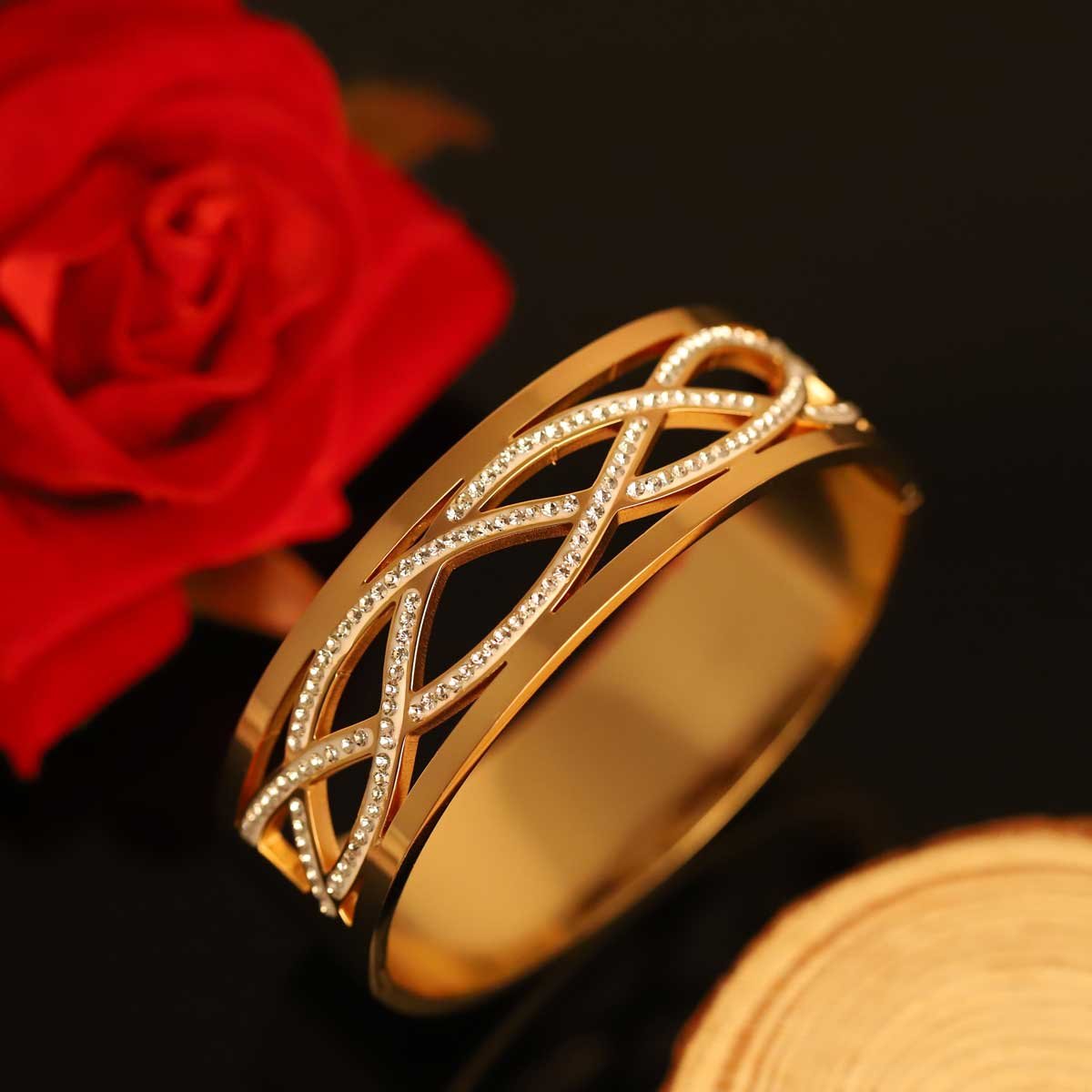 Interwoven Sparkle" Zircon Gold-Plated Cuff Bangle - Image 2