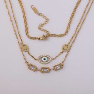 Protective Gold-Tone Triple Layered Evil Eye & Crystal Necklace
