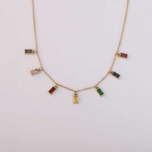 Vibrant Gold-Tone Multi-Color Rectangular Gemstone Choker Necklace