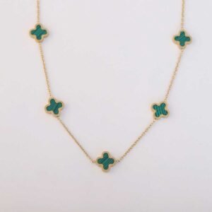 Charming Gold-Tone Clover Malachite Style Necklace