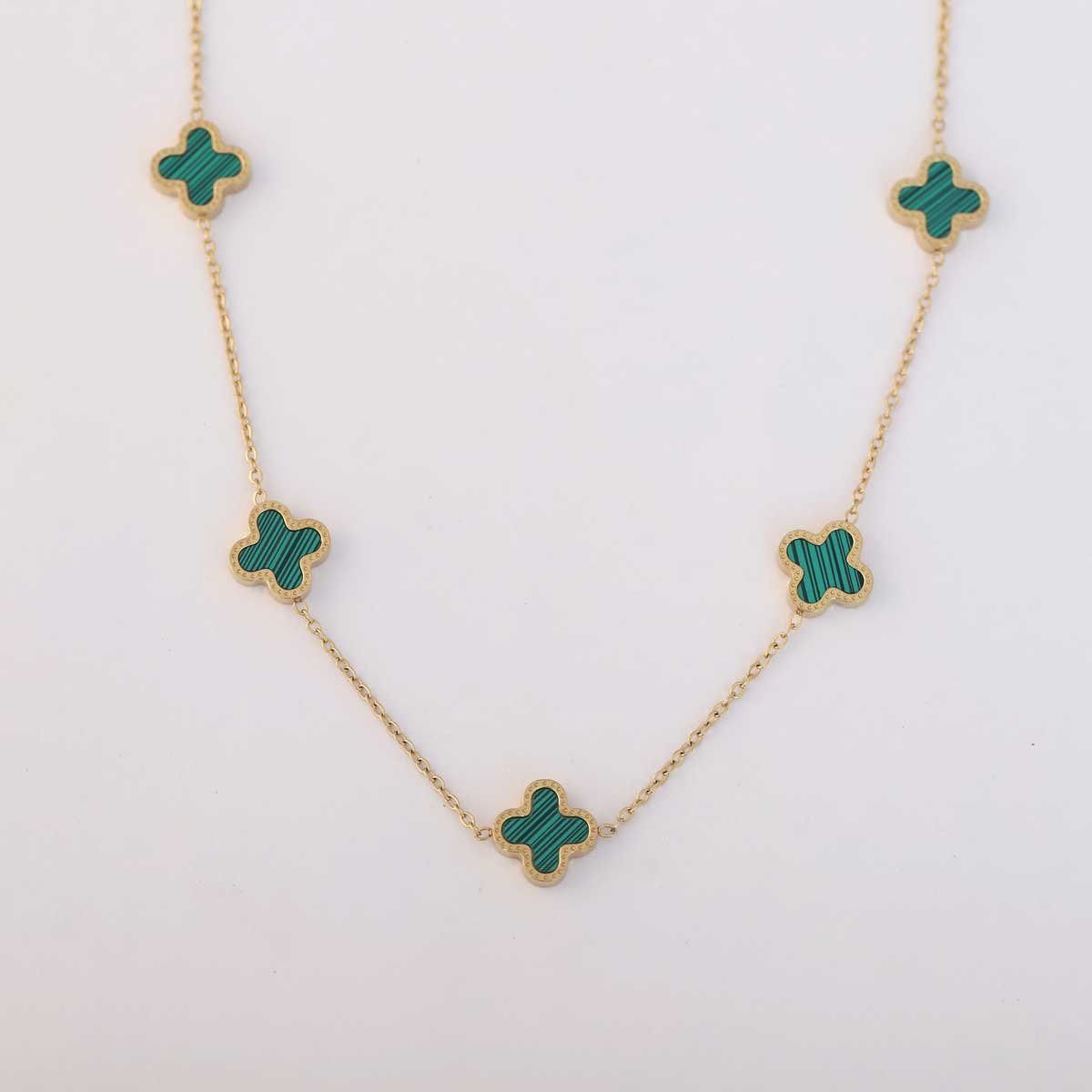 Charming Gold-Tone Clover Malachite Style Necklace
