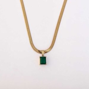 Classic Gold-Plated Herringbone Chain with Emerald Pendant Necklace