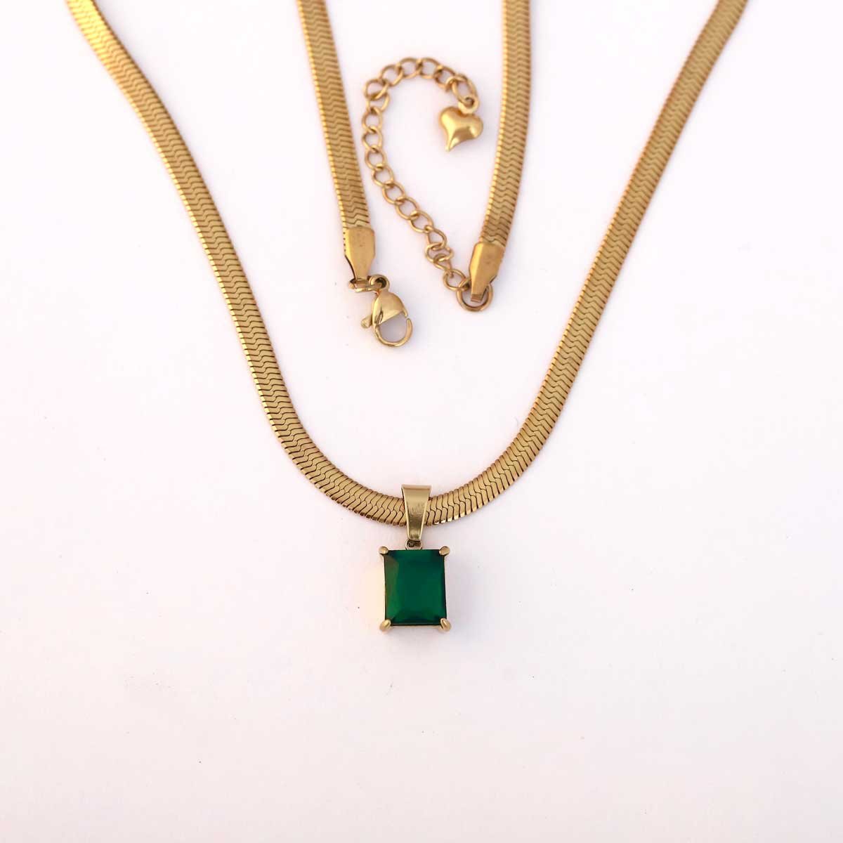 Classic Gold-Plated Herringbone Chain with Emerald Pendant Necklace - Image 2
