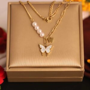 Dual-Layer Gold-Plated Butterfly & Pearl Necklace