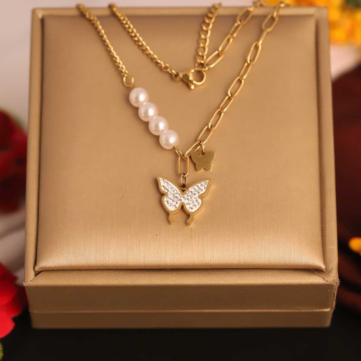 Dual-Layer Gold-Plated Butterfly & Pearl Necklace