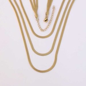 Sleek Gold-Tone Triple Layered Flat Snake Chain Necklace