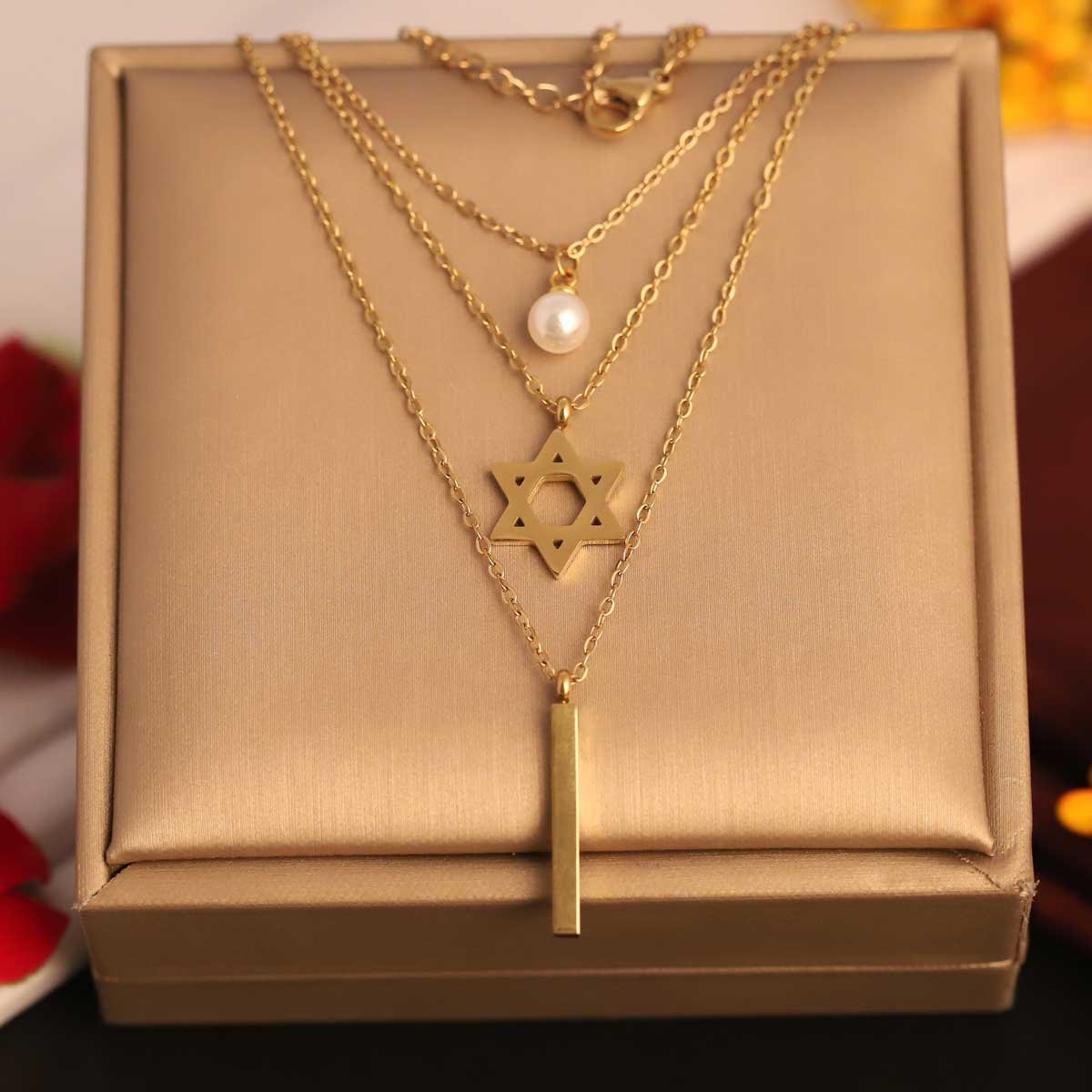 Three-Layer Gold-Plated Star, Bar & Pearl Necklace