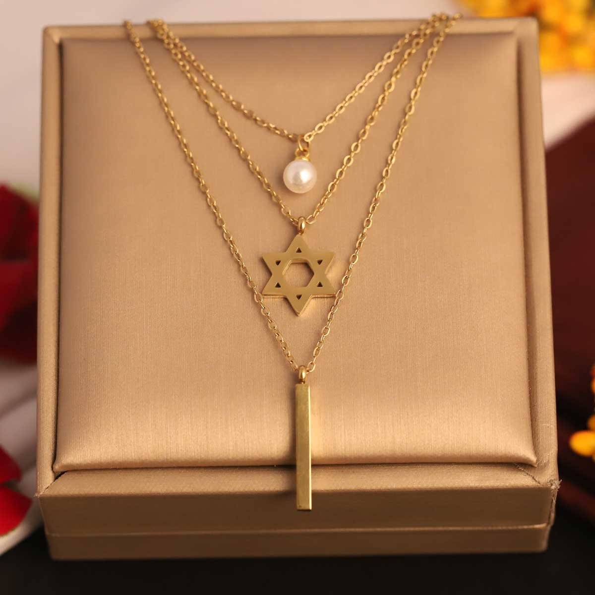 Three-Layer Gold-Plated Star, Bar & Pearl Necklace - Image 2