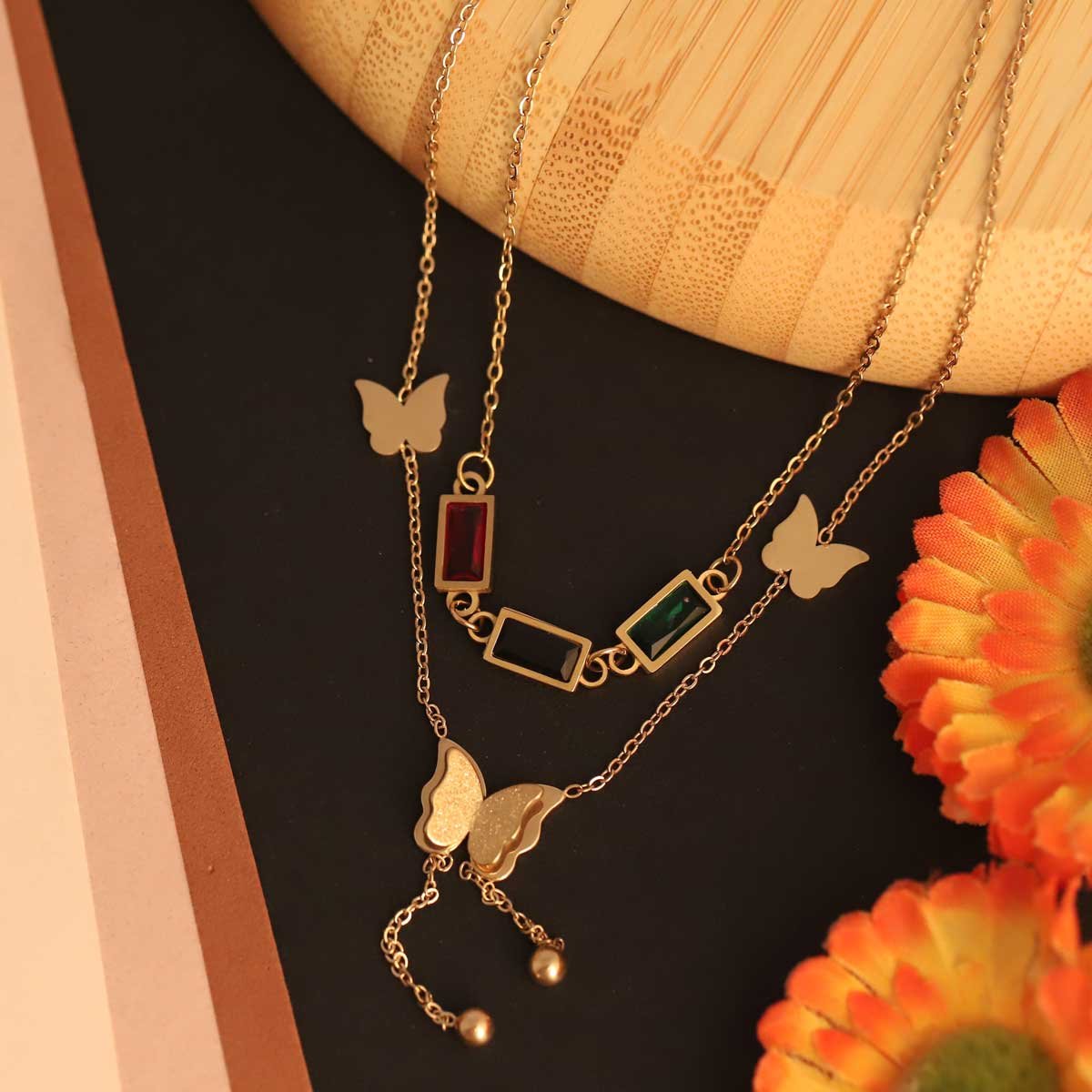 Charming Gold-Tone Triple Layered Butterfly & Rectangular Gemstone Necklace