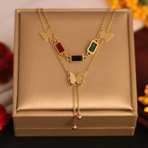 Dual-Layer Gold-Plated Butterfly & Gemstone Bar Necklace