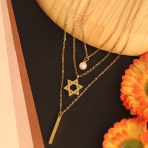 Stylish Gold-Tone Triple Layered Necklace with Star of David & Pearl